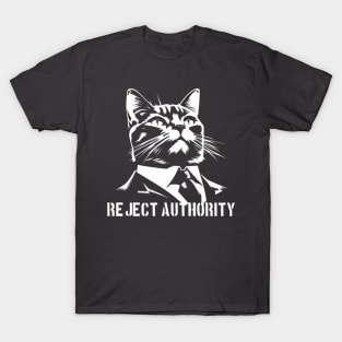 Reject Authority Cat (White pattern and text) T-Shirt